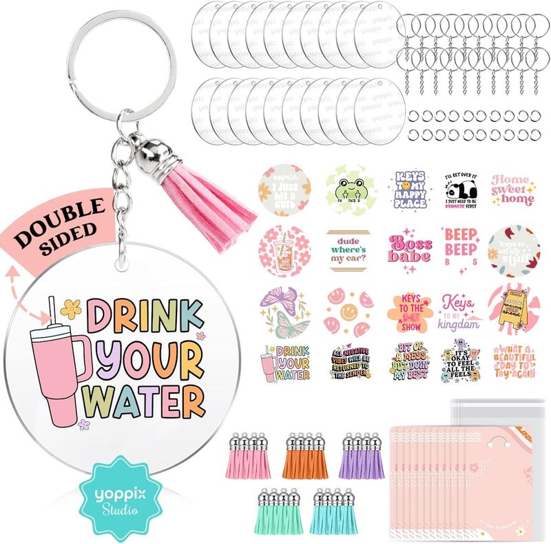 YOPPIX 140 PCS Acrylic Keychain Blank Set, Funny Double-Sided UV DTF Stickers Acrylic Keychain Making Kits for Vinyl DIY Craft Project - Image 1